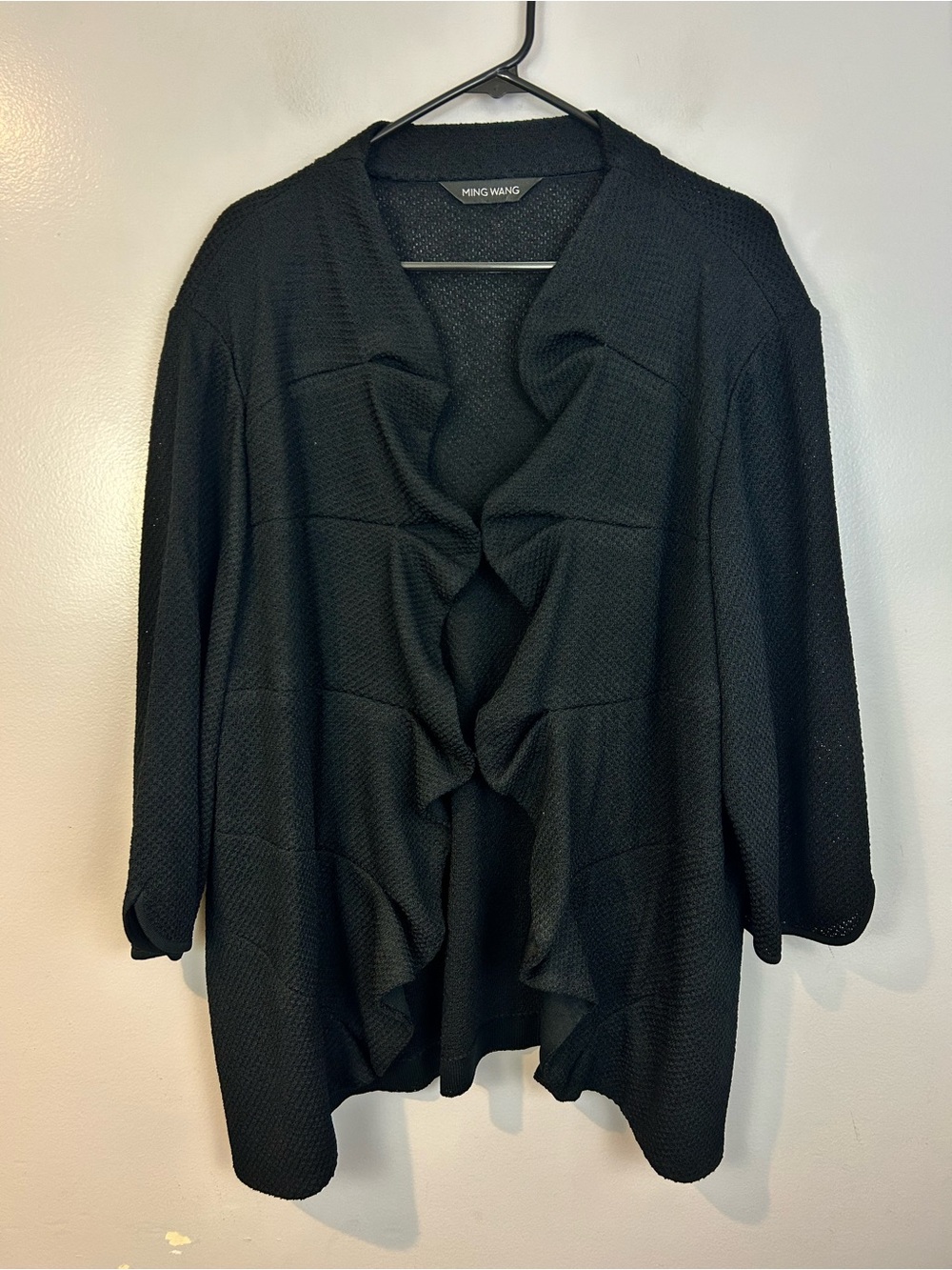 Ming Wang Black Open Front Cascading Ruffle Front Cardigan Sweater Size XL